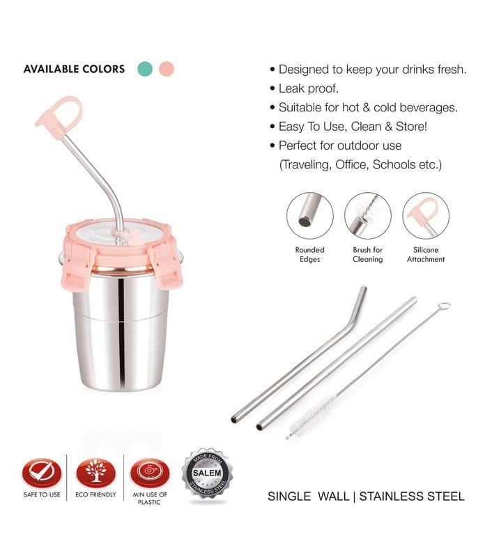Image of Stainless Steel Fusion Glass Tumbler with Stainless Steel Metal Straws and Cleaning Brush with Steel Lid (SIP Easy 250ML)