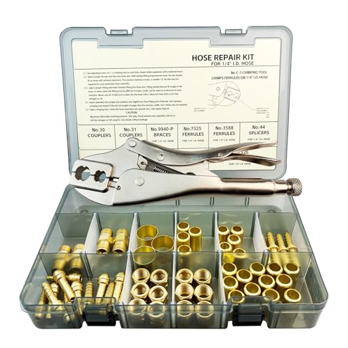 58PCS Hose Repair Kit 1/4 I.D. Torch Hose Repair Kit Air Hose Crimper Tool for Air Hoses/Torch Hoses/Oxygen Acetylene Hoses Include Fittings/CrimpingTool/Ferrules/Couplers/Braces/Nipples/Nuts etc