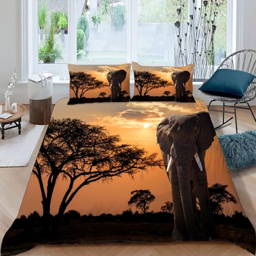 ARiXIaNg Parure De Lit 220x240 cm Adulte 3D Motif éléphant Housse De Couette Microfibre 2 Personnes avec Fermeture Éclair Afrique Animaux 3 pièces avec 2...