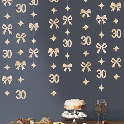 Image of Glitter Champagne 30th Bow Birthday Decorations Champagne Conquette Bow Garland Streamer Banner Backdrop for Womens Happy 30th Birthday Dirty Thirty Cheers to 30 Years Old Anniversary Party Supplies