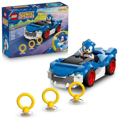 LEGO Sonic the Hedgehog: Sonic : Speedster Lightning - Race Car Toy w/a Minifigure Chaos Emerald & 3 Gold Rings - Gaming Gift for 7+ Year Old Boys & Girls - 77117
