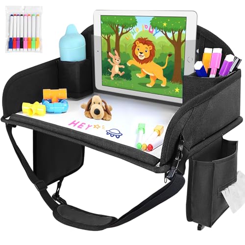 WENRENER Kids Travel Tray for Car Seat, Toddler Road Trip Essentials With Drawing Kit, Travel Activities Must Haves (Black)