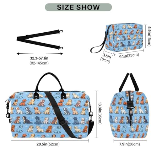 Puppy Dog Blue Cartoon Travel Duffle Bag Gym Bag Weekender Bags with Toiletry Bag Travel Trip Tote Bag3