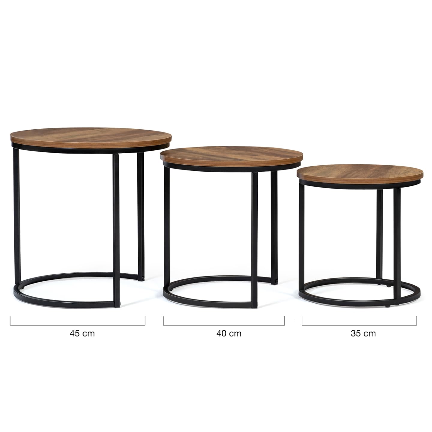 IDMarket - Lot de 3 Tables Basses gigognes Hawkins Rondes 30/40/45 Bois foncé Design Industriel