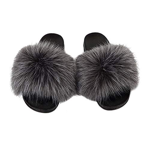 Image of MH Bailment Womens Furry Fluffy Slippers Faux Fur House Slippers Open Toe Fuzzy Slides Soft Flat Slip On Sandals for Indoor Outdoor