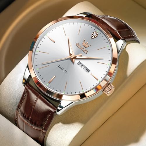 Image of OLEVS Men Watches Dress Waterproof Leather Band Classic Large Face Luxury Watches for Men Casual Fashioned Nice Analog Watch Men Day Date Easy Reader Quartz Original Business Adjustable Watches Men
