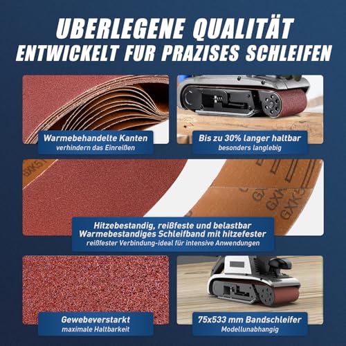SI FANG Schleifband 75 x 533 mm，25 Stück Bandschleifer Schleifbänder Körnungen (P60x5, P80x5, P120x5, P240x5, P320x5)，für Polieren Metall, Holz