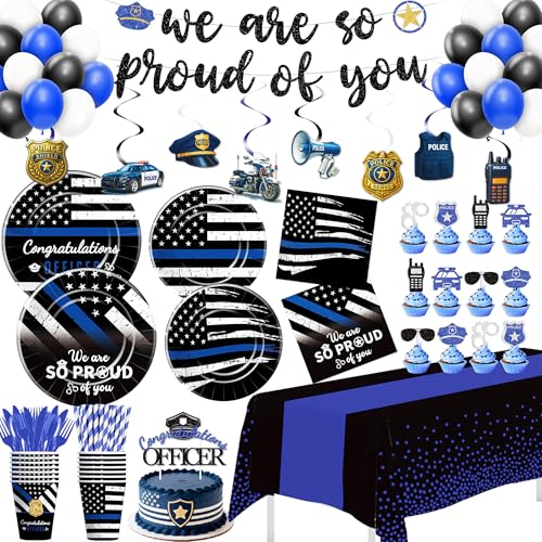 FVABO Police Graduation Party Decorations Police Party Supplies for Officer Grad Academy Retirement Promotion Birthday Plate Cup Napkin Tablecloth Banner Swirl Balloon Topper Straw Serve 24