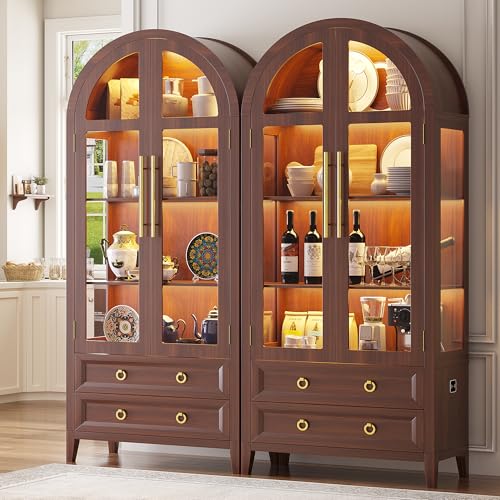 Image of LVSOMT 71 inch Arched Display Cabinet with Glass Doors and Lights, Walnut