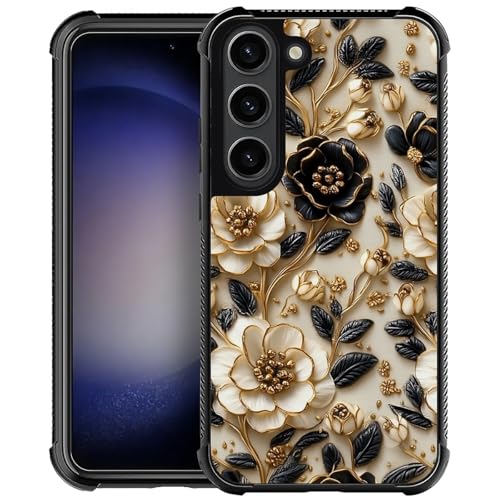 ZHEGAILIAN Case for Samsung Galaxy S23 | Shockproof 4 Corner Air Cushion + Soft TPU Bumper with Anti-Slip Grip & Stylish Pattern for Men Boys & Woman Girls | Black and White Flower