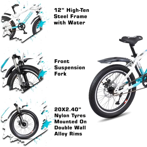 Image of Vaux Stryker 20inch Cycle for Kids 5 to 8 Years with Front Suspension, 20T Bicycle for Girls & Boys with Dual Disc Brakes, 12 inch Steel Frame, Alloy Rims, 20 * 2.40 Tyres(White-Blue)