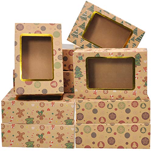 24 Foiled Christmas Cookie Boxes with Window, Treat Boxes for Doughnut and Cookie, Brown Kraft Bakery Boxes with 3 Designs, Xmas Cookie Gift Baking Box 8.75 x 5.6 x 2.75” for Pastries, Cupcakes
