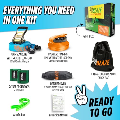 Complete Ninja Slackline Kit - 60ft Long Slack Line for Backyard for Kids & Adults with Ratchet Straps, Wider Tree Protectors (Complete Kit - Blue)