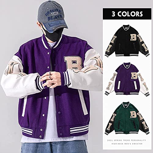 Moshtashio Veste de Baseball Homme Manteau Varsity Jacket Blouson Homme & Femme College Jacket Veste de Couple Unisexe Hip Hop Veste de Survêtement (Violet, M) - Image 3