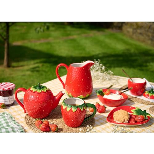 Widdop Keramik-Geschirr mit Erdbeermotiv – Erdbeerkrug – Sommer-Geschirr, helles, schrulliges Geschirr – schöne Geschenkidee, Picknick, Essen im Freien