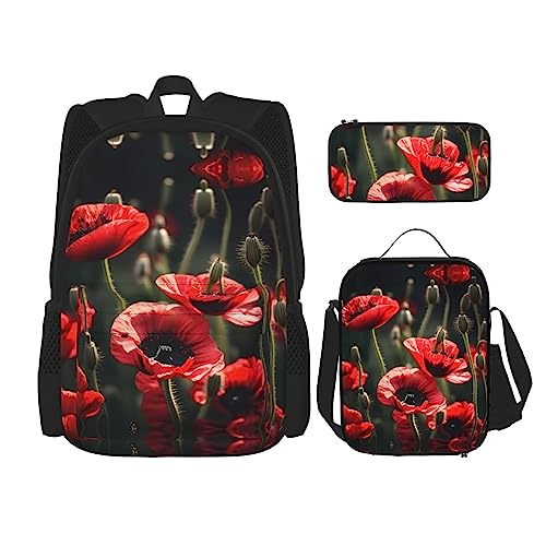 Ensemble sac d'école 3 pièces avec motif bichon frisé et coquelicot taille unique