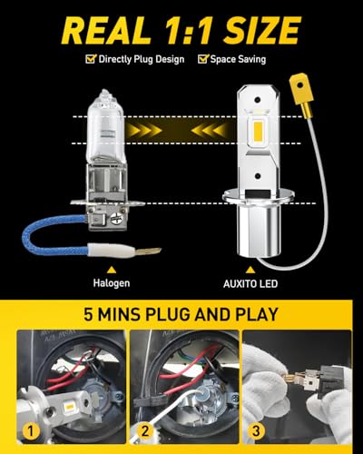 Image of AUXITO H3 LED Bulb Yellow 3000K, 16,000LM 600% Super Brighter, 10 Years Lifespan, 1:1 Size Plug-n-Play, 100% Perfect Installation, H3 LED Fog Lighr Bulb for Fog Lamp, DRL, Canbus Ready, Pack of 2