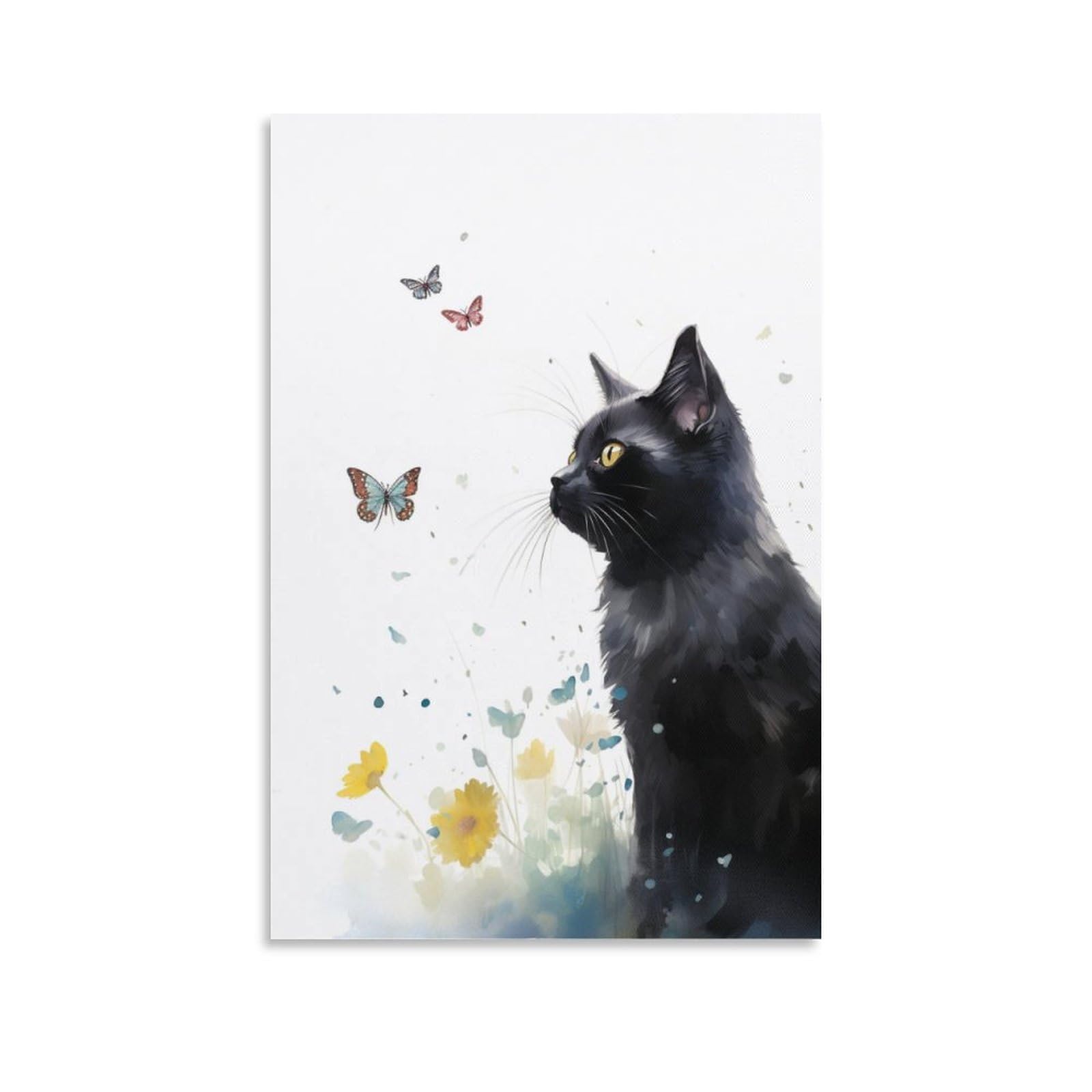 FOCCAR Watercolor Black Cat Wall Art Prints Beautiful Funny Kitten Animal Pictures on Canvas Poster Wall Decor for Bedroom Home Decorations