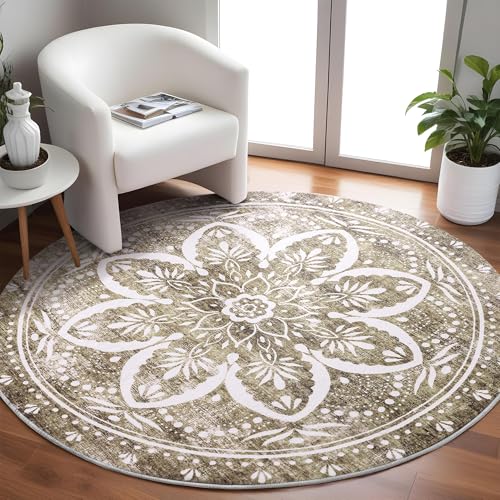 Image of Carvapet Round Rugs Vintage Circle Rug - Washable Non Slip Rubber Backing Foldable Low Pile for Living Room Bedroom, 4 ft Brown Rug