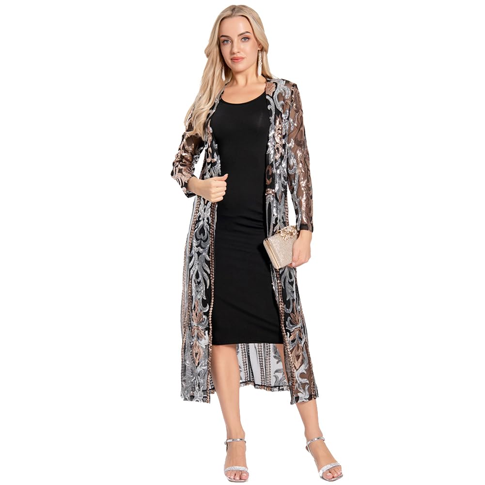 Women's Cardigan Sparkle Sequins Open Front Long Sleeve Cardigan Coat Dress for Evening Party