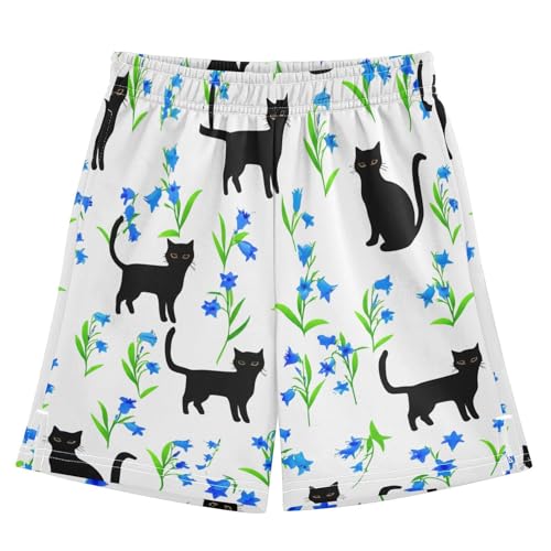 Black Cats and Flowers Athletic Shorts with Zipper Pockets, Youth Boys Athletic Running Shorts for Summer