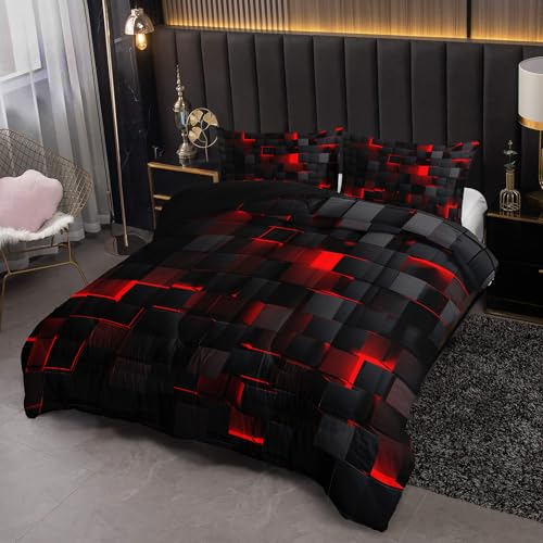 Image of Nttopship Neon Red Black Comforter Set Queen Geometric Kids Bedding Set,3 PCS Geometry Honeycomb Bed Set Modern Quilt Set 1 Comforter 2 Pillow Cases Cool Room Decor All Season B-Side Black