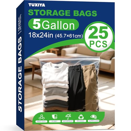 TUXIYA 25PACK Large 5 Gallon Zipper Bags for Storage18 x 24 Inch, Large Clear Zipper Bags Reusable for Clothes, Travel, Moving & Freezer Storage Freezer bags,Thick 4 Mil