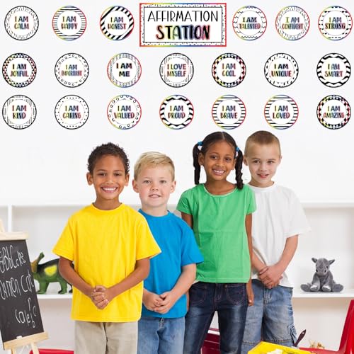 Image of Affirmation Station Bulletin Board Set Composition Positive Bulletin Board for Classroom Growth Mindset Decor Polka Dots and Stripes Inspirational Motivational Accent Cutout for Home School Teacher