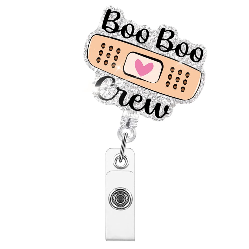 Xipromi Boo Boo Crew Badge Reels Retractable Glitter with Clip, Funny Bandage Badge Holder for Pediatrics Nurse School Nurse Medical Office Workers