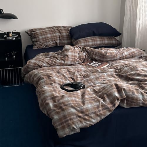 Image of VM VOUGEMARKET Retro Preppy Brown & Blue Gingham Bedding Set Washed Cotton Duvet Cover King Size,Casual Soft Breathable Plaid Tartan Bedding for All Aesthetic Bedrooms