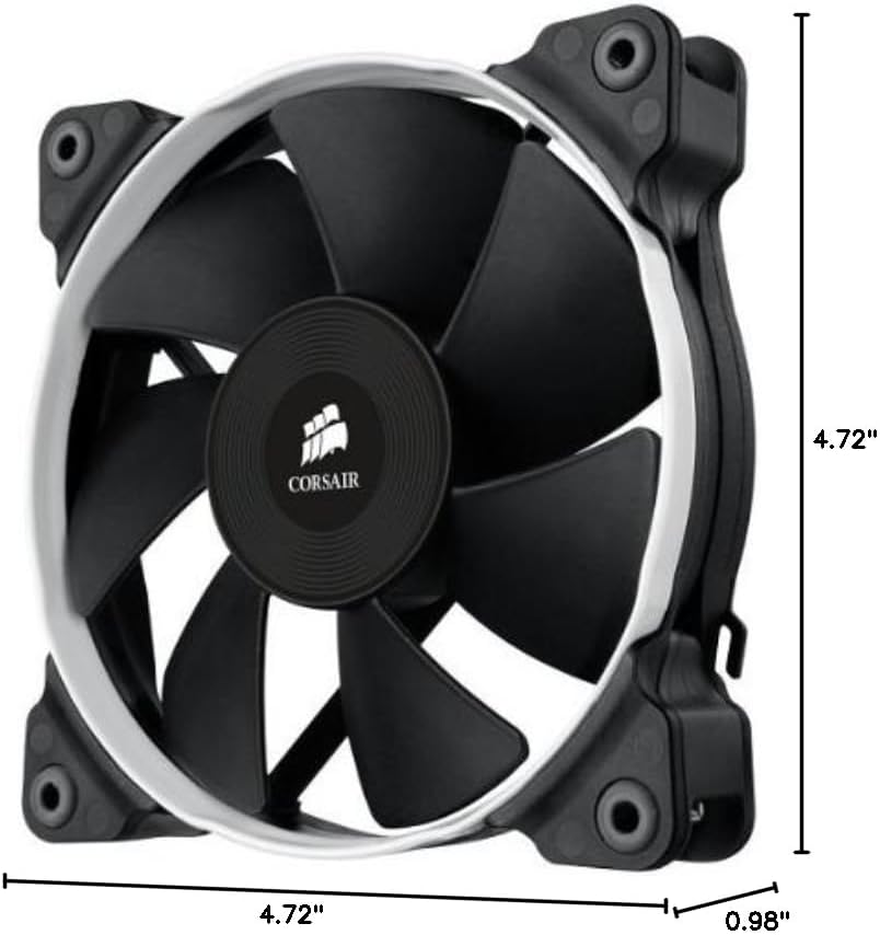 Diagram showing the dimensions of the Corsair SP120 fan: 4.72 inches length, 0.98 inches width, and 4.72 inches height.