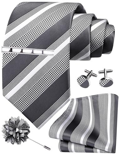 Image of GUSLESON Men's 5-pc Striped Tie Gift Set - Jacquard Necktie, Pocket Square, Cufflinks, Lapel Pin, Tie Clip - Wedding Formal Gifts