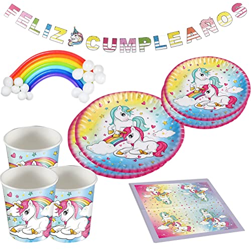 Vajilla Papel Cumpleaños Unicornio para Niñas, Platos Desechables Vasos Servilletas Guirnalda...