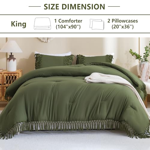 Image of Andency Olive Green Comforter Set King, 3 Pieces Boho Tassel Lightweight Soft Bedding Comforter Sets for King Bed, All Season Fluffy Fringe Bed Set (104x90In Comforter & 2 Pillowcases)