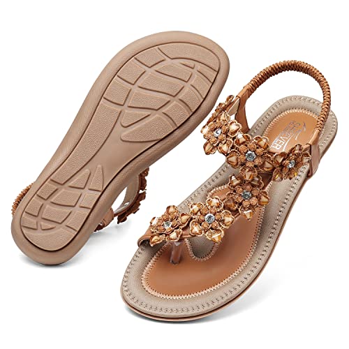 Image of SHIBEVER Flat Sandals for Women Dressy: Size 8 Summer Comfort Flower Dress Sandals- Comfortable Walking Boho Flats Womens Sandal Brown