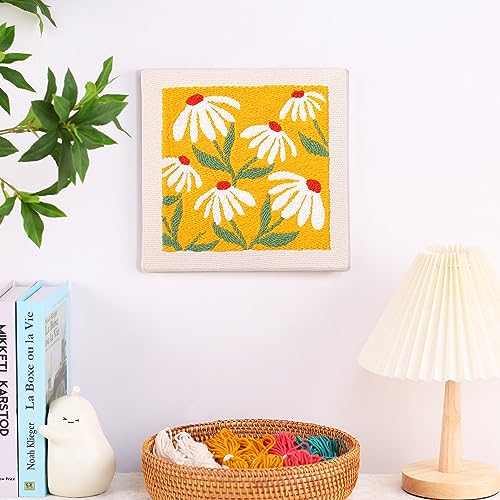 Image of Embroidery Punch Needle kit Frame, Embroidery Starter Kits for Beginner Kids,Punch Needle Fabric with Pattern,Threader, Yarns,Embroidery Hoops & Rug Punch (Yellow)