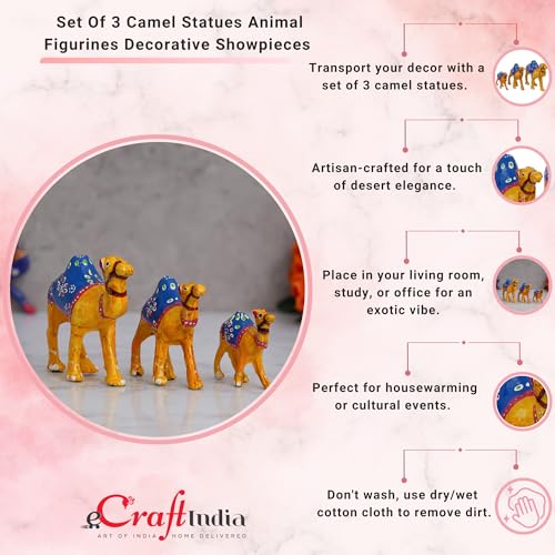 Image of eCraftIndia Set of 3 Multicolor Camel Statues Animal Figurines Decorative Showpieces for Home, Office, Table Decor, and Gift Purpose