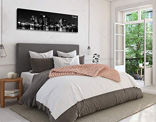 Image of DJSYLIFE Boston Canvas Wall Art Black White Cityscape Decor 13.8 inchx47.3 inch | Panoramic Skyline Print, Ready to Hang for Bedroom, Office, Living Room Decoration