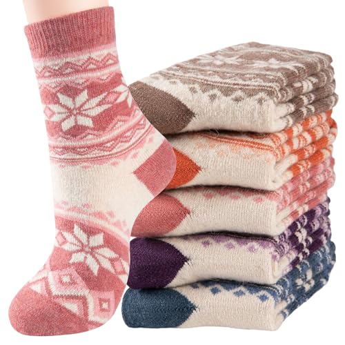 Bodvera Wool Socks for Womens Warm Thermal Winter Thick Cozy Cabin Crew Knit Vintage Socks Gifts 5 Pairs