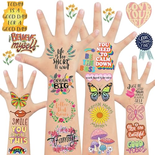 20 hojas de tatuajes temporales con cita inspiradora, 260 piezas de tatuajes motivacionales para concienciación sobre la salud mental, incentivos, aliento positivo, suministros de decoración de