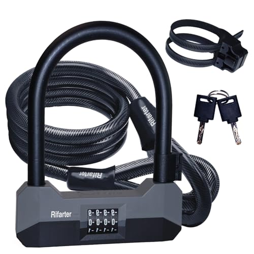 Rifarter Bike Locks Heavy Duty Anti Theft, 18mm Bike Lock U Lock Combination with 5Ft Steel Cable, 4-Digit Resettable Combo Bike U Lock with Mounting Bracket for Bicycles, Scooter, Moped, Ebikes