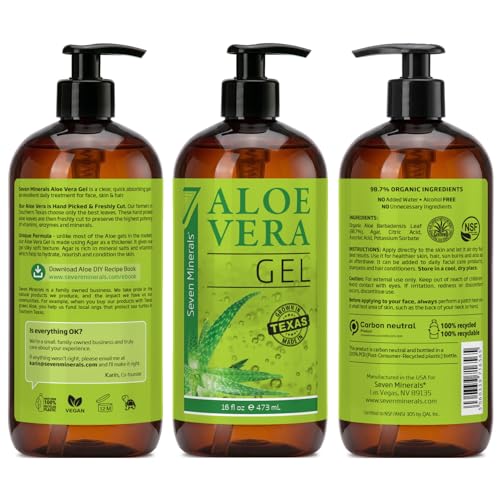 Image of Seven Minerals Aloe Vera Gel with Freshly Cut Pure Organic Aloe - Big 16oz with Treatment Pump - Texas grown, Vegan, Unscented - For Face, Skin, Hair - Summer Beach Vacation Essentials