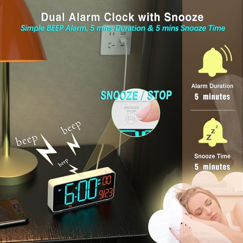 Image of KOSUMOSU Small Digital Clock for Bedroom, 6.7in Desk Clock, Auto Dimming, Room Temperature, Day of The Week, Date, Seconds, Alarm Clocks for Bedrooms, Clocks for Living Room