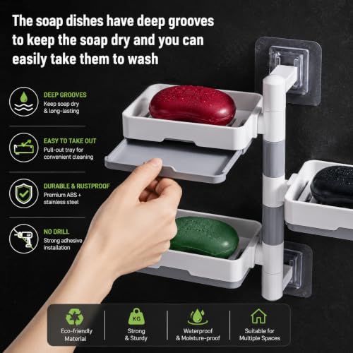 Image of Zollyss 3 Layer Self Adhesive Soap Holder for Bathroom | 180 Rotatable Wall Mounted Soap Stand | No Drill Stickable Soap Dish with Removable Drain Tray | Bathroom & Kitchen | Off White