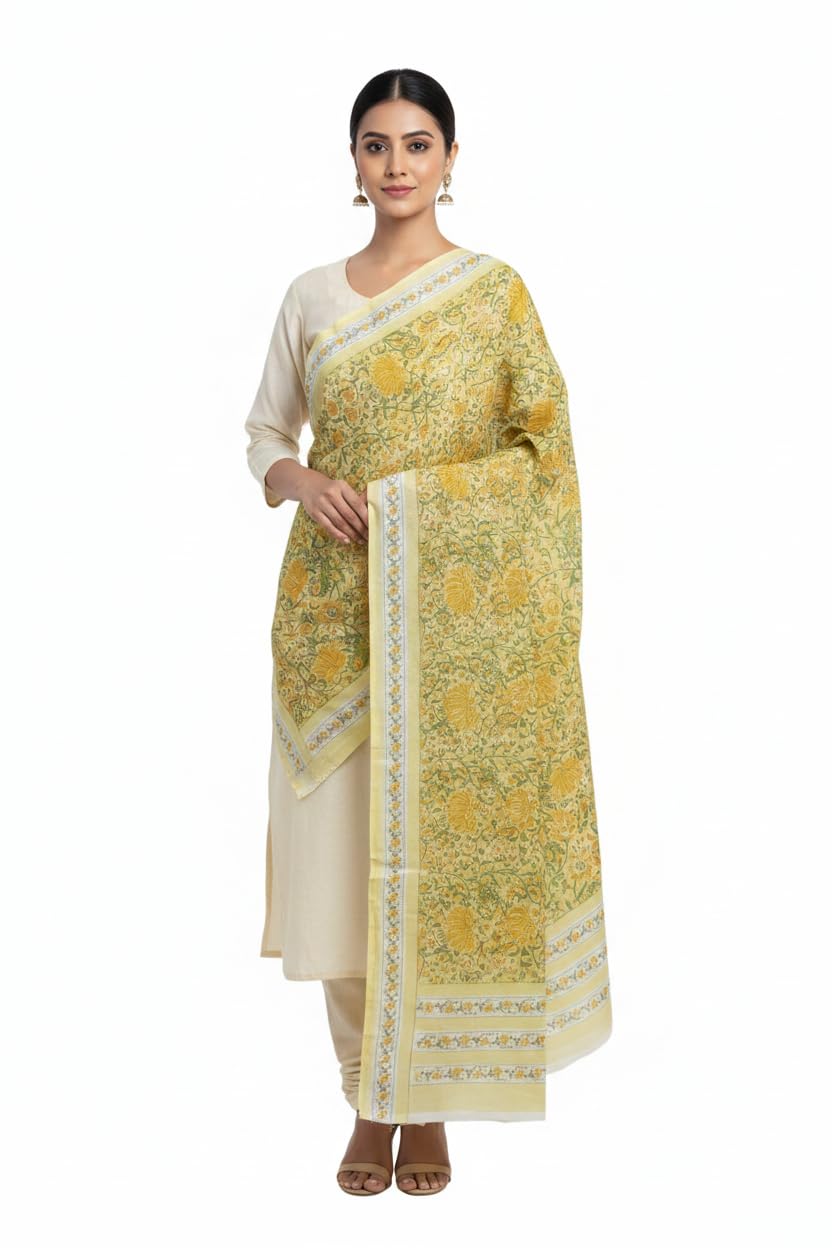Lime Yellow Mul Cotton Dupatta | Sanganeri Floral Jaal Block Print | 250x120cm – ISYVSK-A06-image-24