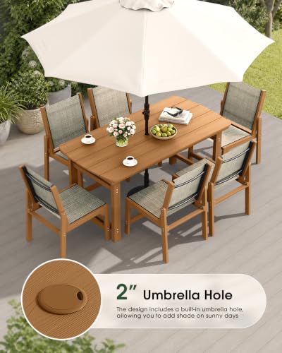 Image of HDPE Outdoor Patio Dining Set with Table & 6 Stackable Armless Textilene Chairs, All-Weather 7-Piece Dining Table Set with Umbrella Hole, Patio Furniture for Garden, Poolside, Backyard, Deck | Teak