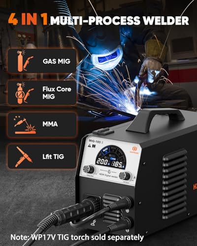 Image of H HZXVOGEN 185A MIG Welder, 110V /220V Dual Voltage, 4-in-1 Gas MIG /Flux Core MIG /Lift TIG /Stick Welding Machine with Synergic Multiprocess Large LED Digital Display, IGBT Inverter