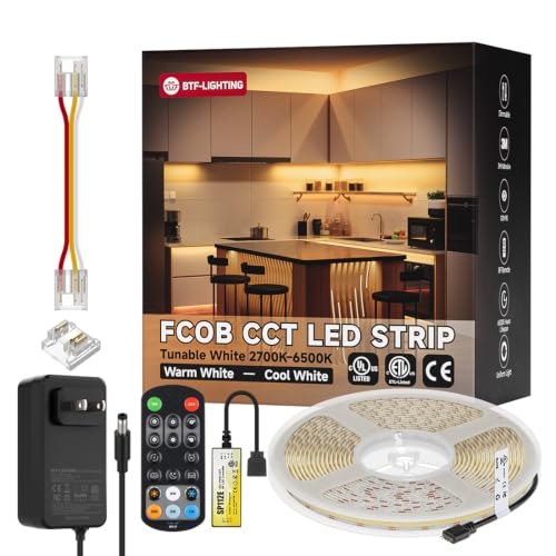 Image of BTF-LIGHTING COB FCOB Dimmable CCT LED Strip Kit DC24V,UL Listed,32.8FT | 8mm wide,No Voltage Drop,Tunable 2700K-6500K with RF Remote,CRI 90+ High Density COB Tape for Bedroom Kitchen Under Cabinet