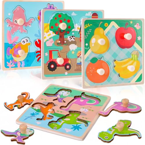LovesTown Wooden Peg Puzzles Learning Toys Montessori Educational Knob Puzzle with Handles for Toddlers Preschool Kids 4 PCS
