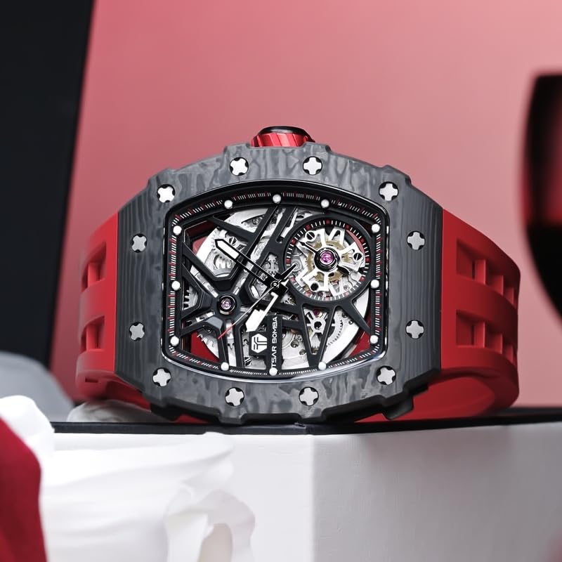 Image of Tsar Bomba Men's Tonneau Luxury Automatic Watch - Skeleton Dial, Carbon Fiber Bezel, Red Silicone Strap, 50M Water Resistant, Watch for Men - TB8209CF-32